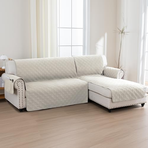 Turquoize 100% Waterproof L Shape 2 Piece Couch Covers Non-Slip Sectional Chaise Lounge Cover Sofa Slipcovers Pet Friendly Furniture Protector for Pets, Kids (Right Chaise + 3 Seat Seater, French Oka) by Turquoize - Image 2