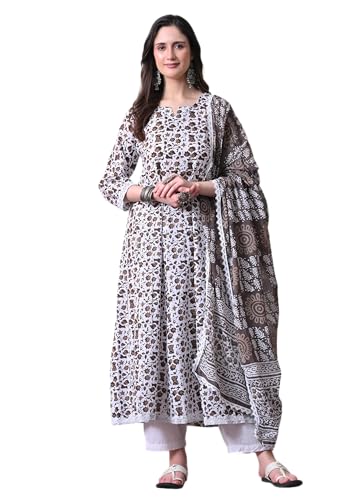 Image of MEERA FAB Women's Cotton Printed Anarkali Kurta with Palazzo & Dupatta Set