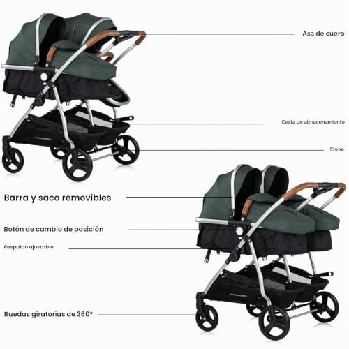 Miniatura 3 de Duo Smart - Cochecito Gemelos O Niños Juntos, Ancho 79 Cm, Color Verde Sin Acogedor