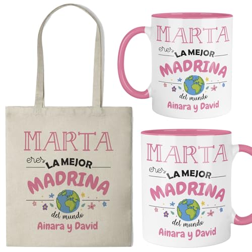 Kembilove® Taza regalo madrina personalizada con nombre | Pack taza y bolsa “Eres la mejor madrina del mundo” | Detalle original bautizo, cumpleaños y ocasiones especiales