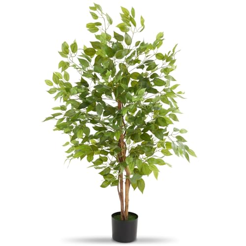 tectake® Albero di Ficus Artificiale, Foglie Realistiche, Vaso in Plastica, Decorazione per Soggiorno, Ufficio e Interni, Facile da Pulire, Arredamento - 120 cm