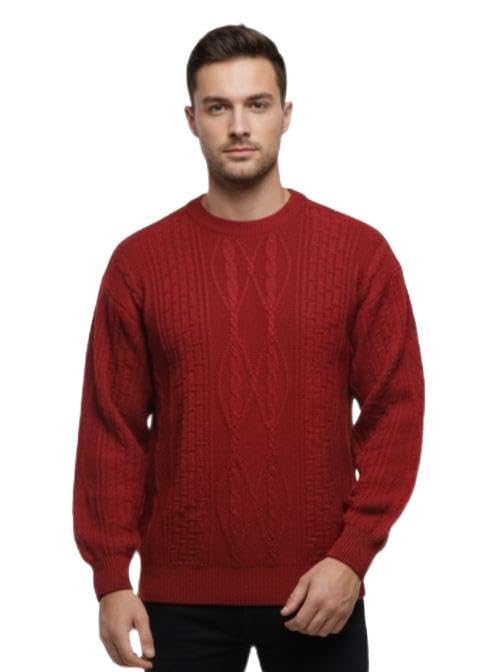 Men's Cable Knit Sweater, Red, Crew Neck, Long Sleeve, Textured Pattern | Size : L-picture-49
