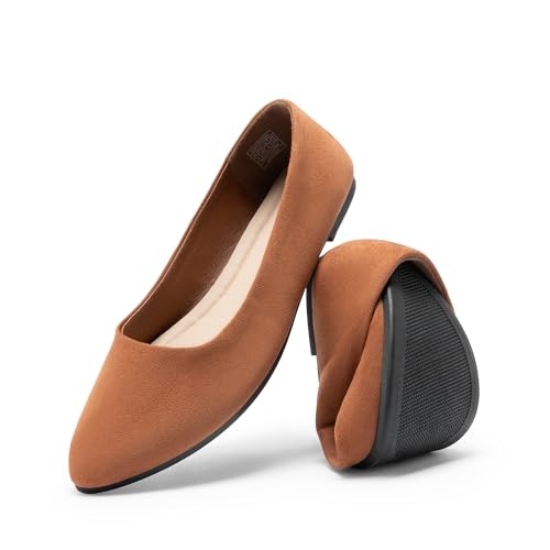DREAM PAIRS Women’s Flats Comfortable Slip On Business Work Office Casual Suede Ballet Flats Pointed Toe Dress Shoes 5 Brown