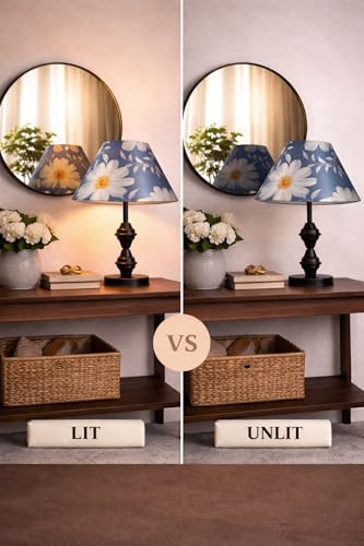 Image of tu casa Modern Table Lamp with Crimson Floral Satin Shade | Metal Iron Base Decorative lamp for Living Room| Study & Home Decor, Designer Table Lamp for Gifting (Ivory Daisy)