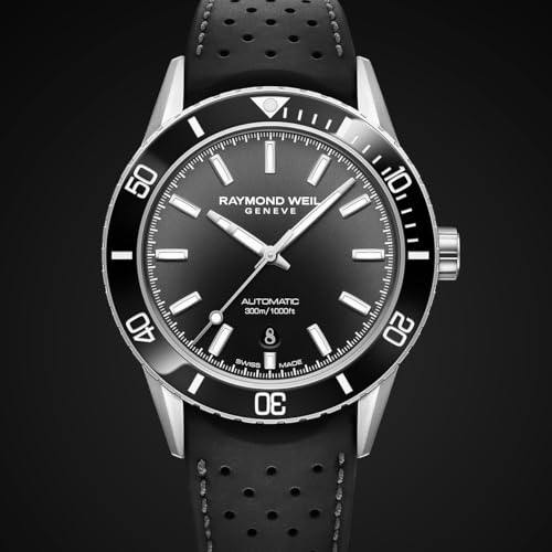 RAYMOND WEIL Freelancer Diver Men's Automatic Watch, Black Dial with Indexes, Black Ceramic Bezel, Rubber Bracelet, 42.5 mm (Model: 2775-SR1-20051)2