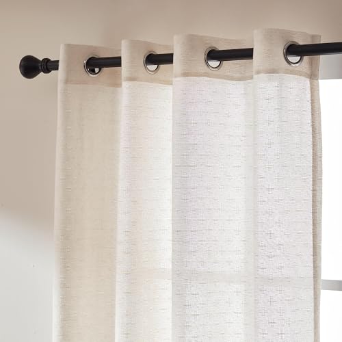SLEEP ZONE Beige Linen Blend Sheer Curtains, Geometry Jacquard Light Filtering Drapes, 2 Panels 42×63 in, Grommet Rod Pocket for Bedroom Living Room Farmhouse - image 3