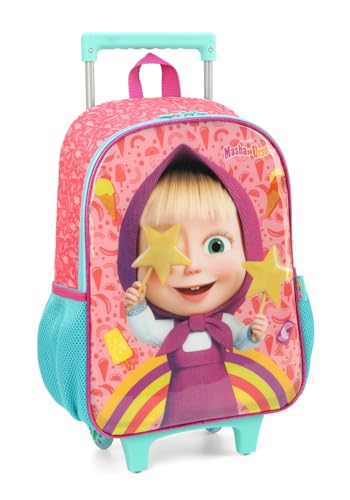 Kit de Mochila Escolar com Rodas e Lancheira Masha e Urso Cor:Salmão