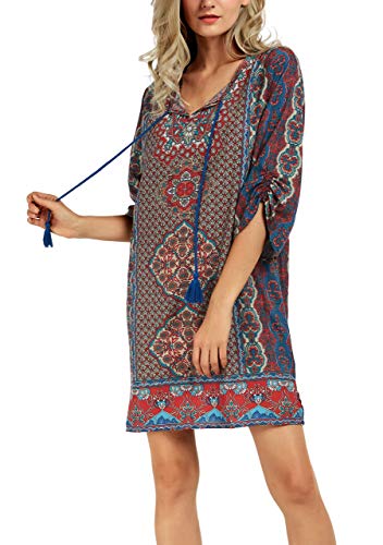 Women Bohemian Neck Tie Vintage Printed Ethnic Style Summer Shift Dress (Xl, Pattern 11) #TOP2