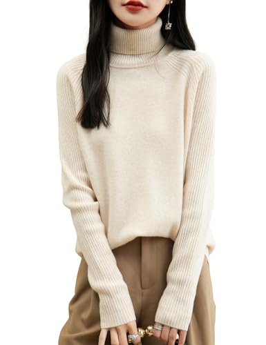 Chanyarn 100% Lain Merino Pulls Femmes Tricot Manche Longues col Haut Vintage Pullover Basique pour Automne Hiver (Beige,L)
