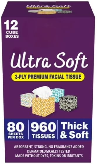 Ultra Soft 3-Ply Premium Facial Tissue, 12 Cube Boxes, 80 Sheets per Box, 960 Tissues Total, Thick and Soft