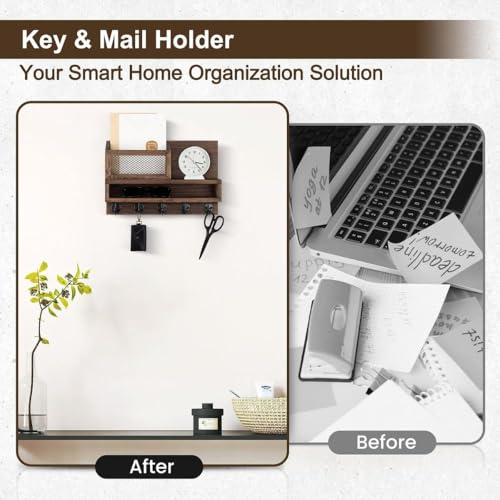 Image of PEDEX - Wall Unique Wooden Key Holder Organizer with Storage Shelf | Multipurpose Entryway Organizer for Keys, Sunglasses, Mail, Plants Great for use in entryways, hallways, Kitchens, or Offices