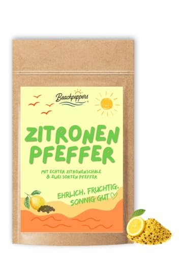 Zitronenpfeffer Gewürzzubereitung von Beachpeppers | Fruchtig frisch & würzig | Mit echter Zitronenschale & zwei Sorten Pfeffer | Sonnig gut würzen ideal für Fisch Fleisch Gemüse & Dips