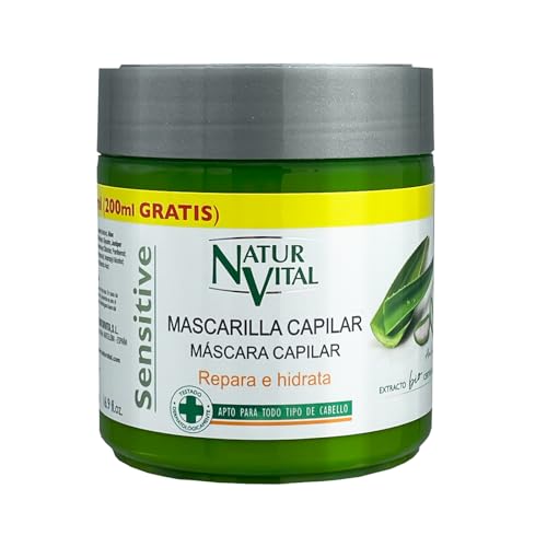 NaturVital - Mascarilla Capilar Sensitive, Reparadora e Hidratante, Cuero Cabelludo Sensible, con Aloe Vera de Cultivo Bio Certificado y Pro-Vitamina B5, sin Sulfatos, Colorantes ni Parabenos, 500ml