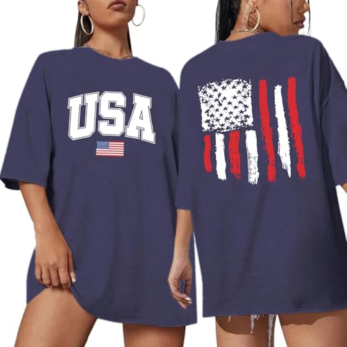 4th of July Outfits for Women: Oversized USA Shirt Red White and Blue Shirts Patriotic Short Sleeve Tee Tops