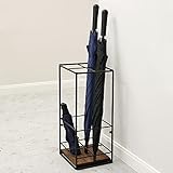 MyGift Modern Black Metal and Burnt Brown Wood Freestanding Large Umbrella Holder Stand Storage Rack