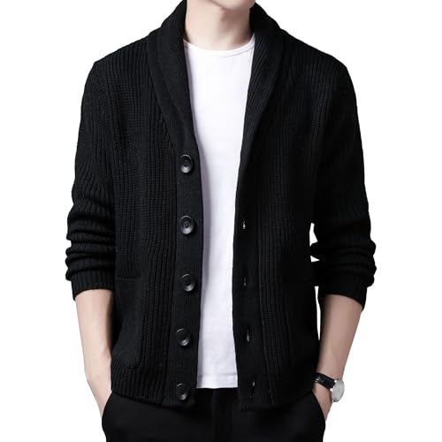 Mens Shawl Collar Cardigan Sweater Long Sleeve Button Cable Knit Men Sweaters Loose Fit Casual Ribbed Knit Cardigans (Black,X-Large)