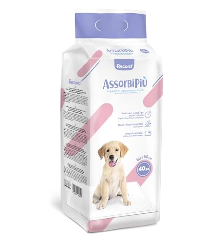 Record Assorbipiù Traversine per cani usa e getta. Extra assorbenza. Tappetini igienici per cani 60x60cm. Confezione 40 pz. Monouso, Antistrappo e Antiodore. Per Cani taglia medio piccola