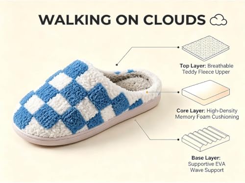 Image of Checkered Slippers for Women and Men - Fuzzy House Slippers with Memory Foam, Comfy Plush Fluffy Indoor House Shoes, Cozy Warm Slip on Bedroom Slippers with Non-Slip Sole