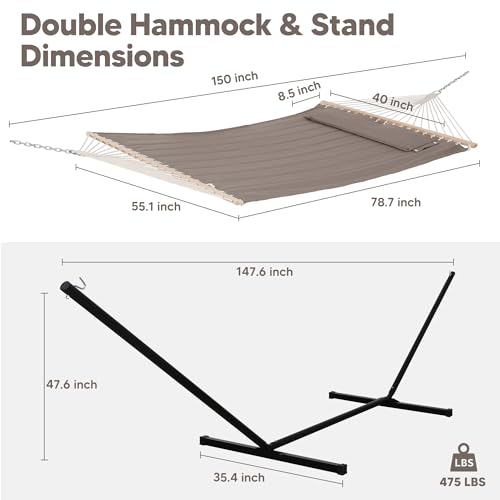 Image of SUNCREAT 55 Inch Extra Large Double Hammock with 12 ft Stand, 475lbs Capacity, Outdoor Portable Hammock with Hardwood Spreader Bar, Extra Large Pillow, Brown
