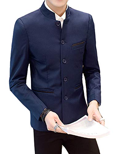 Men's Chinese Tunic Suits Mandarin Collar Formal Jacket Slim Fit Front Button Blazer Traditional Uniform Groom Dress (Navy, L)