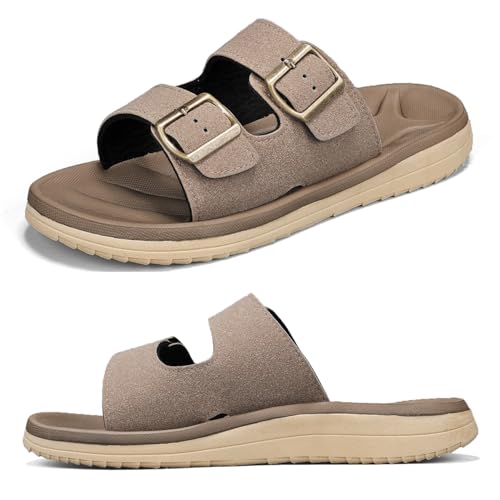 Mens Sandals Arch Support Comfortable Beach Slides with Adjustable Buckle Straps Slippers for Men