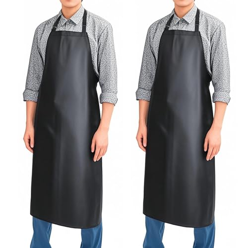 Image of juningxin 2-piece waterproof rubber vinyl apron 40 inch for dishwasher lab butcher cooking kitchen black men/women chef apron heavy duty chemical work extra long grill with adjustable bib