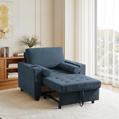 Image of 3-in-1 Sleeper Chair Pull Out Sofa Bed, Convertible Reclining Seat Upholstered Armchair, Adjustable Backrest Recliner Chair - Navy Blue