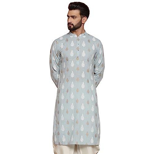 Image of KISAH Men Cotton, Full Sleaves, Knee Length, Straight, Regular Fit, Mandarin Collar Ethnic wear, Sky Blue, 40
