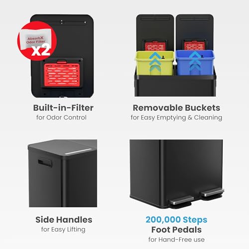 Image of iTouchless 16 Gallon / 60L Dual Kitchen Trash Can & Recycle Bin, 2x8 Gal Removable Buckets, Soft-Close Stainless Steel Step Pedal, Fingerprint-Resistant, AbsorbX Odor Filter - Matte Black