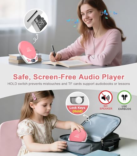 Image of Greadio Personal CD Player with Headphones, Portable Pink CD Player for Car & Home, Rechargeable CD Players with 60s Anti-Skip, Supports CD /MP3 /WMA /TF Card /AUX, Backlit /Lock /Programmable /Timer