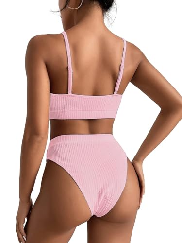 Image of Lilosy High Waisted Tummy Control Ribbed Bikini Crop Top Brazilian Swimsuit Set 2 Piece