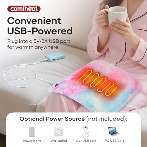Comfheat USB Heating Pad, 5V Heated Travel Pads, 3 Heat Settings & Auto Shut Off, Hot Therapy for Pain Relief Abdomen Cramps (16\"x 12\") (Non-Chargeable) Colorful