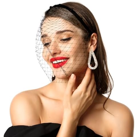 Hariendny 1920s Flapper Fascinator Mesh Veil, Fascinator Hat for Women, Fascinators Mesh Veil, Bridal Wedding Veil Fascinator Mesh Lace Headband, Vintage Flapper Headpiece for Wedding, Tea Party Cover