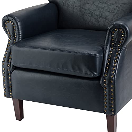 Hulala Home Faux Leather Accent Chair With Rolled Armrests & Nailhead Trim, Comfy Upholstered Living Room Armchair With Removable Cushion, Traditional Single Sofa Chair For Bedroom Office, Navy #TOP6