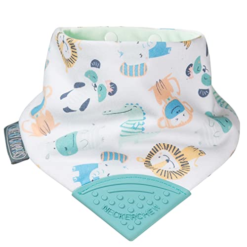 Cheeky Chompers 2-in-1 Baby Dribble Bib With Soft Silicone Teether, Reversible Bandana Style, Innovative Dimple Design Soothes Gums, 3-Layer Absorbency (Cheeky Animals Neckerchew)