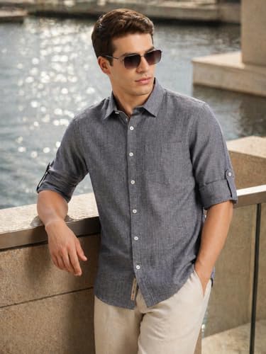 Image of Thomas Scott Men's | Solid | Premium Linen Blend | Spread Collar | Summer Wear | Long Sleeve | Shirts for Men