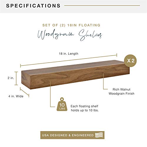Image of MCS Floating Shelf, Room Decor Wooden Shelf, Walnut Woodgrain, 18 x 4 Inch, Set of 2