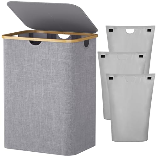 Lifewit 150L Cesto Ropa sucia con Tapa, Grande Cesto para la Ropa sucia, Cubo ropa sucia, 3 Compartimentos, clasificador de Ropa con Asas de bambú y 3 Bolsas para la colada extraíbles, Gris Claro