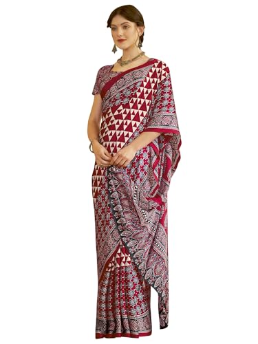 Image of SAREE MALL Women's Ajrkh Print Satin Crepe Polka Dot Printed Saree With Unstitched Blouse Piece