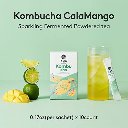 Osulloc Kombucha Tea Calamango (Calamansi & Mango Blending), Sparkling Powdered Mix Beverage, No Added Sugar, 10 Sticks, 1.76Oz #TOP2