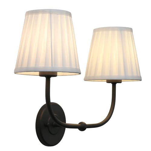 Image of Yosoan 2-Light Indoor Brass Wall Sconce, Gold Modern Hardwired Vanity Classic E26 Base Light Fixture with Soft Pleated White Fabric Shade for Bathroom Bedroom Hallway Home Indoor Decor(Black)