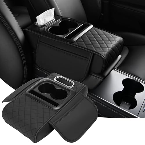 Image of Khushi Liquid Car Armrest Cushion, 5 in 1 Center Console Cover with 2 Cup Holders, Phone Holder, Tissue Holder, Storage Bag, Multifunctional Leather Heightened Car Armrest Cushion for Most Cars(Black