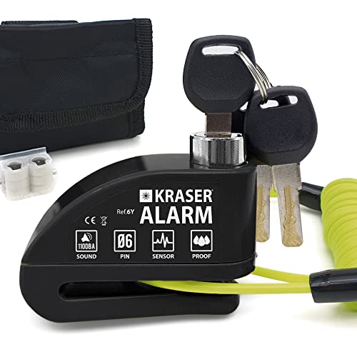 KRASER 6Y Candado Moto con Alarma 110dB, Antirrobo Disco Reforzado, 3 Llaves (Otros 2) Alta Seguridad, Impermeable, Accesorios Cable Bolsa Pilas, Pinza Cepo Bloqueo 6mm Universal Scooter Bicicleta