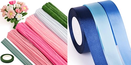 521 Pcs Pipe Cleaners Craft Set and 3 pcs Satin Ribbon, 5 Colors Pipe Cleaners Bulk Pastel Chenille Stems for Craft Pipe Cleaner Flowers Making Kit with Floral Wires, Gardening Tape