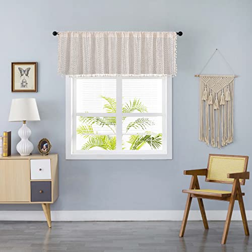 Sutuo Home Boho Sheer Curtain Valance Crochet Lace With Bohemian Hollow Knitted Handmade Tassels, Short Farmhouse Window Treatment For Kitchen Cafe, Rod Pocket, 1 Panel 59" W X 18" L, Beige #TOP1