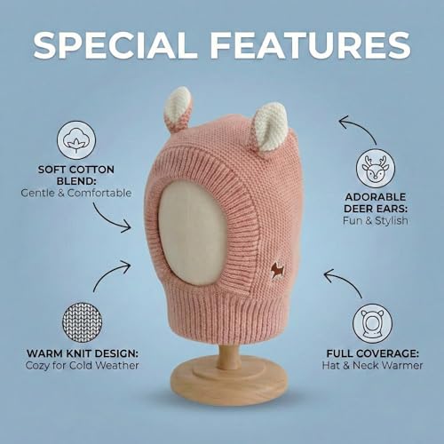 Image of Kraptick Winter Warm Ear Protection Knitted Woolen Unisex Baby Cap with Cute Animal Ears, Soft Fleece Lined Knit Hat with Ear Flaps, Stretchable Monkey Cap for Cold Weather -1