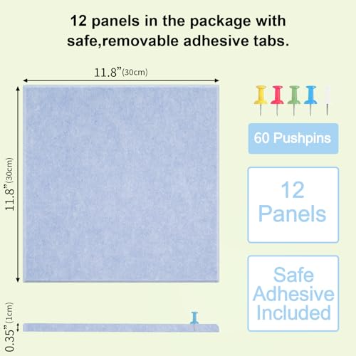 Large Cork Board Felt Wall Tiles, 47"x35" 12 Pack Felt Bulletin Board Pin Board with 48 Safe Removable Adhesive Tabs, 60 Push Pins, Alternative Cork Board for Walls Home Office, Lavender — view 5