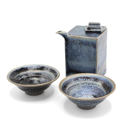 山下陶房 山下秀樹 銀化天目(ぎんかてんもく) 酒器揃(角片口 (蓋付) 1合・盃 2個) 冷酒 熱燗 ぬる燗 日本酒器セット