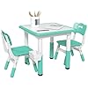 Qaba 3 pieces kids table and chairs height adjustable toddler table and chair set with storage easy to wipe square table 2 chairs for classroom for daycare classroom 18 months 5 years green  urban country home decor