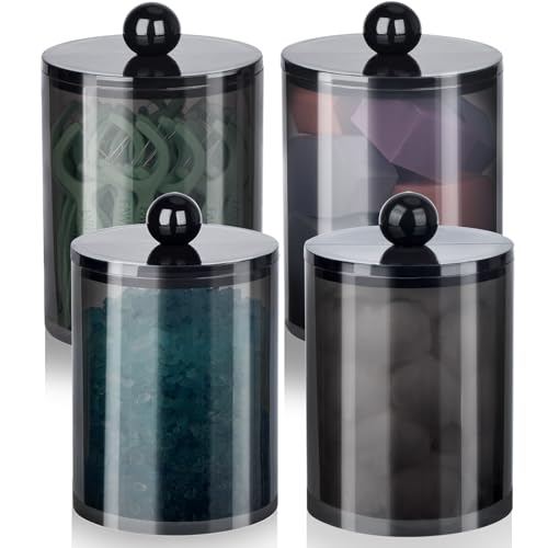XIPENGKEJI 4 Pack Qtip Holder,Canister Apothecary Jar Set, Bathroom Jars with Lids Set for Cotton Swabs, Balls, Pads, Floss Picks,10oz-12oz Plastic Canisters Restroom Bedroom Vanity Organizer(Black)
